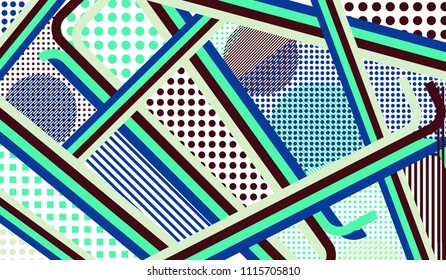 Memphis pattern. Abstract pattern with color strips and different elements for banner or mobile application. Pop-Art Style. Vintage Background with Color Elements in Disco Style. Vector Texture.