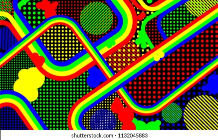 Memphis pattern. Abstract pattern with color strips and different elements for banner or mobile application. Retro-Fututristic Background with Color Elements in Disco Style. Vector Texture.