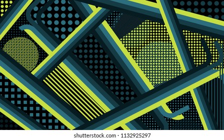 Memphis pattern. Abstract pattern with color strips and different elements for banner or mobile application. Pop-Art Style. Vintage Background with Color Elements in Disco Style. Vector Texture.