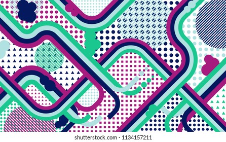 Memphis pattern. Abstract pattern with color strips and different elements for card or flyer. Pop-Art Style. Vintage Background with Color Elements in Disco Style. Vector Texture.