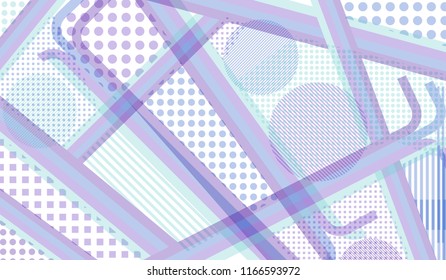 Memphis pattern. Abstract pattern with color strips and different elements for card or flyer. Pop-Art Style. Vintage Background with Color Elements in Disco Style. Vector Texture.