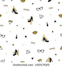 Memphis pattern with black high heel shoes, lips, sunglasses and golden geometric shapes. Fashion background in 90s 80s style. Triangle, zigzag and other graphic elements. Gold linear design.