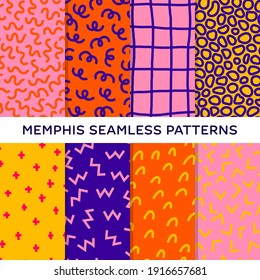 Memphis pattern collection. Set of 8 seamless simple geometric backgrounds. Vintage graphic fabric design with funky doodle shapes. Modern texture with squiggle, cross, zigzag, wave, circle, grid.