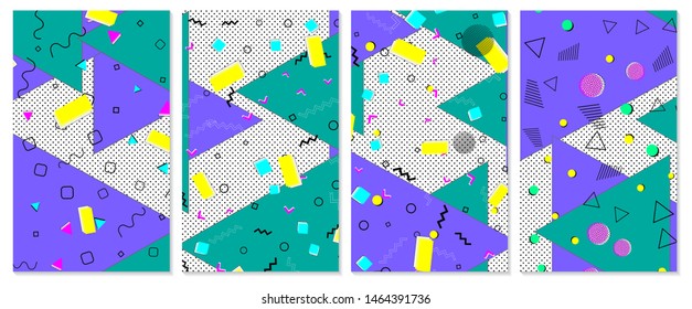 Memphis pattern. Color background. Geometric shapes for tissue and postcards. Vector Illustration. Hipster style 80s-90s. Abstract colorful funky background.
