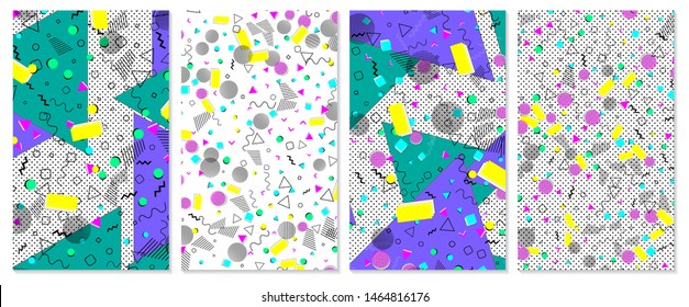 Memphis pattern. Color background. Geometric shapes for tissue and postcards. Vector Illustration. Hipster style 80s-90s. Abstract colorful funky background.