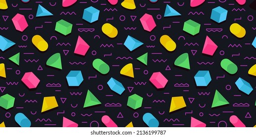 Memphis pattern consisting of 3d geometry shape color style on black background for banner, party poster. Vector Illusration 10 eps
