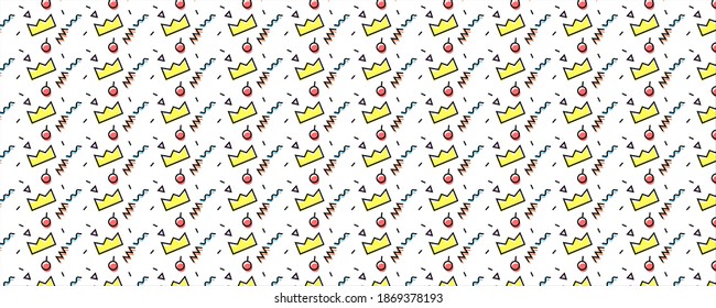 Memphis pattern with crown and geometric shapes. Can be used as a background