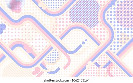 Memphis pattern. Disco background with color lines and different elements for paper or print. Retro Pattern with Color Elements for your Design. Vector Texture.