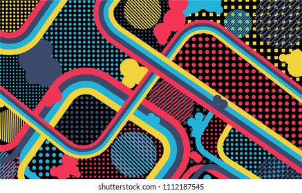 Memphis pattern. Disco background with color lines and different elements for banner or mobile application. Retro-Fututristic Background with Color Elements in Disco Style. Vector Texture.