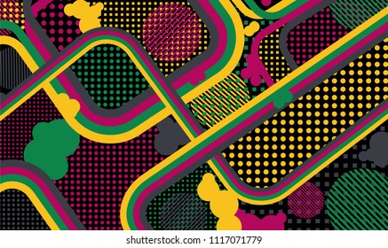 Memphis pattern. Disco background with color lines and different elements for textile or wallpaper. Retro-Fututristic Background with Color Elements in Disco Style. Vector Texture.