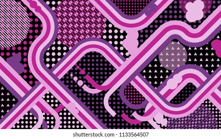 Memphis pattern. Disco background with color lines and different elements for banner or mobile application. Retro Pattern with Color Elements for your Design. Vector Texture.