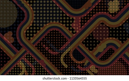 Memphis pattern. Disco background with color lines and different elements for textile or wallpaper. Retro Pattern with Color Elements for your Design. Vector Texture.