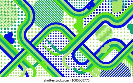 Memphis pattern. Disco pattern with color strips and different elements for paper or print. Retro-Fututristic Background with Color Elements in Disco Style. Vector Texture.