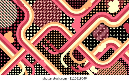 Memphis pattern. Disco pattern with color strips and different elements for banner or mobile application. Pop-Art Style. Vintage Background with Color Elements in Disco Style. Vector Texture.