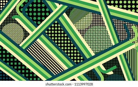 Memphis pattern. Disco pattern with color strips and different elements for paper or print. Pop-Art Style. Vintage Background with Color Elements in Disco Style. Vector Texture.