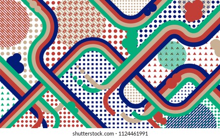 Memphis pattern. Disco pattern with color strips and different elements for paper or print. Retro-Fututristic Background with Color Elements in Disco Style. Vector Texture.