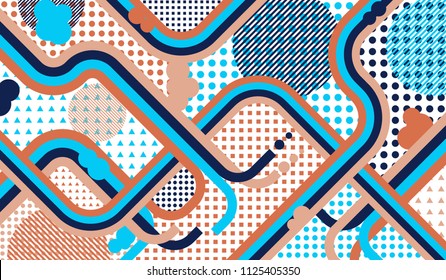 Memphis pattern. Disco pattern with color strips and different elements for paper or print. Retro-Fututristic Background with Color Elements in Disco Style. Vector Texture.