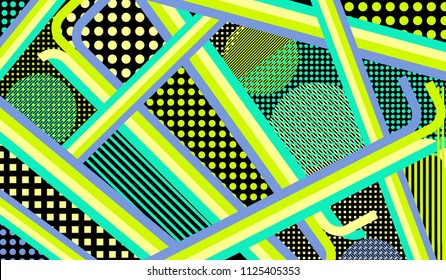 Memphis pattern. Disco pattern with color strips and different elements for paper or print. Retro-Fututristic Background with Color Elements in Disco Style. Vector Texture.