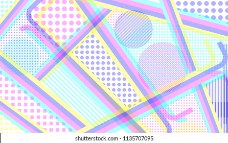 Memphis pattern. Disco pattern with color strips and different elements for card or flyer. Retro-Fututristic Background with Color Elements in Disco Style. Vector Texture.