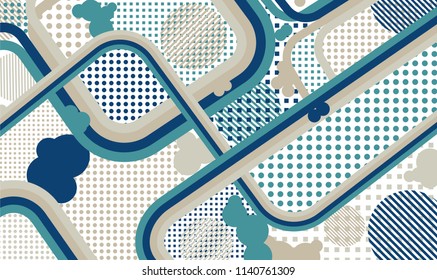 Memphis pattern. Disco pattern with color strips and different elements for paper or print. Pop-Art Style. Vintage Background with Color Elements in Disco Style. Vector Texture.