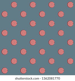 Memphis pattern ditzy pyramid motif. Arrangement of red white concentric circles kitsch design. Simple geometric print block for apparel textile, dress fabric, fashion garment. Groovy background.