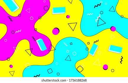 Memphis Pattern. Fun Background. Fluid Flow Shapes. Pink, Blue, Yellow Colors. Memphis Style Patterns. Vector Illustration. Abstract Colorful Fun Background. Hipster Style 80s-90s.