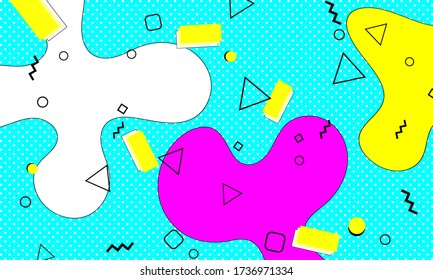 Memphis Pattern. Fun Background. Fluid Flow Shapes. Pink, Blue, Yellow Colors. Memphis Style Patterns. Vector Illustration. Abstract Colorful Fun Background. Hipster Style 80s-90s.