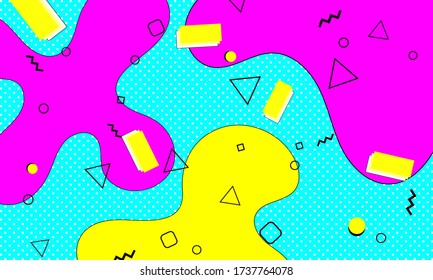Memphis Pattern. Fun Background. Fluid Flow Shapes. Pink, Blue, Yellow Colors. Memphis Style Patterns. Vector Illustration. Abstract Colorful Fun Background. Hipster Style 80s-90s.