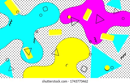 Memphis Pattern. Fun Background. Fluid Flow Shapes. Pink, Blue, Yellow Colors. Memphis Style Patterns. Vector Illustration. Abstract Colorful Fun Background. Hipster Style 80s-90s.