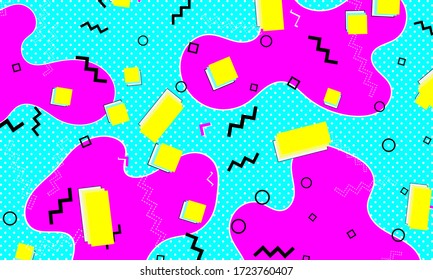 Memphis Pattern. Fun Background. Pink, Blue, Yellow Colors. Memphis Style Patterns. Vector Illustration. Abstract Colorful Fun Background. Hipster Style 80s-90s.