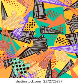 Memphis  pattern. Geometric elements memphis in the style of 80's. Pop art colored background.