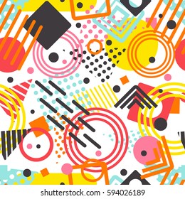 Memphis pattern with geometric shapes.   Absolutely seamless trendy hipster background.
