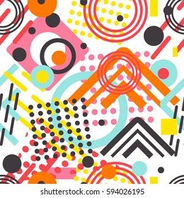 Memphis pattern with geometric shapes.   Absolutely seamless trendy hipster background.