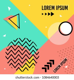 Memphis pattern of geometric shapes for greeting card or postcards. Hipster poster, juicy, bright color background.
