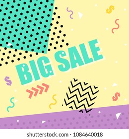 Memphis pattern of geometric shapes for greeting card or postcards. Hipster poster, juicy, bright color background.