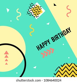 Memphis pattern of geometric shapes for greeting card or postcards. Hipster poster, juicy, bright color background.
