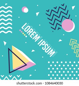 Memphis pattern of geometric shapes for greeting card or postcards. Hipster poster, juicy, bright color background.