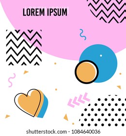 Memphis pattern of geometric shapes for greeting card or postcards. Hipster poster, juicy, bright color background.