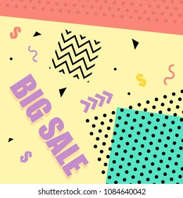 Memphis pattern of geometric shapes for greeting card or postcards. Hipster poster, juicy, bright color background.