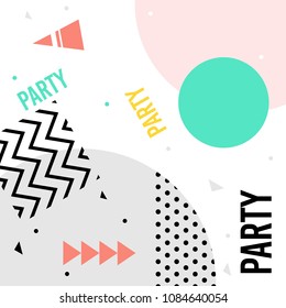 Memphis pattern of geometric shapes for greeting card or postcards. Hipster poster, juicy, bright color background.