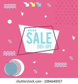 Memphis pattern of geometric shapes for greeting card or postcards. Hipster poster, juicy, bright color background.