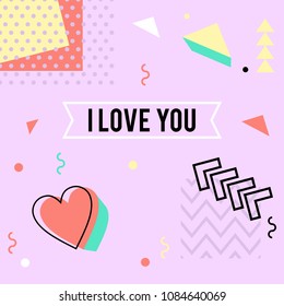 Memphis pattern of geometric shapes for greeting card or postcards. Hipster poster, juicy, bright color background.