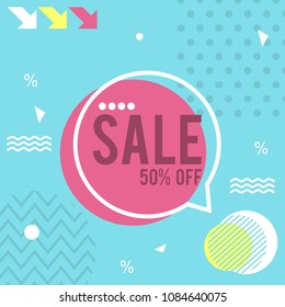 Memphis pattern of geometric shapes for greeting card or postcards. Hipster poster, juicy, bright color background.