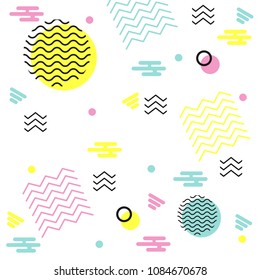 Memphis pattern of geometric shapes for greeting card or postcards. Hipster poster, juicy, bright color background.