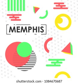 Memphis pattern of geometric shapes for greeting card or postcards. Hipster poster, juicy, bright color background.
