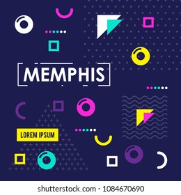 Memphis pattern of geometric shapes for greeting card or postcards. Hipster poster, juicy, bright color background.