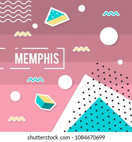Memphis pattern of geometric shapes for greeting card or postcards. Hipster poster, juicy, bright color background.