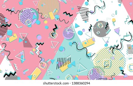 Memphis pattern. Geometric shapes. Hipster style 80s-90s. Color abstract background. Vector Illustration.