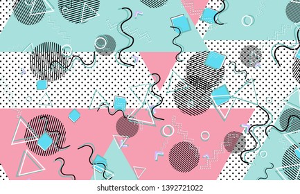 Memphis pattern. Geometric shapes. Hipster style 80s-90s. Color abstract background. Vector Illustration.