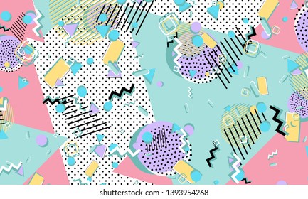Memphis pattern. Geometric shapes. Hipster style 80s-90s. Color abstract background. Vector Illustration.
